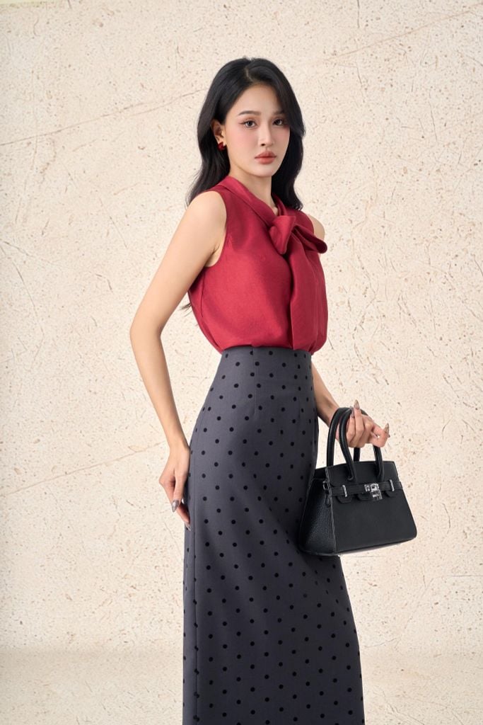 FAS54078 - Áo sơ mi công sở vải tơ dáng suông cổ kiểu phối vạt thắt nơ không tay thời trang - PANTIO