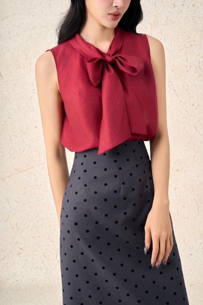 FAS54078 - Áo sơ mi công sở vải tơ dáng suông cổ kiểu phối vạt thắt nơ không tay thời trang - PANTIO