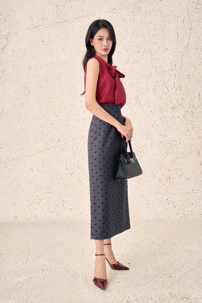 FAS54078 - Áo sơ mi công sở vải tơ dáng suông cổ kiểu phối vạt thắt nơ không tay thời trang - PANTIO