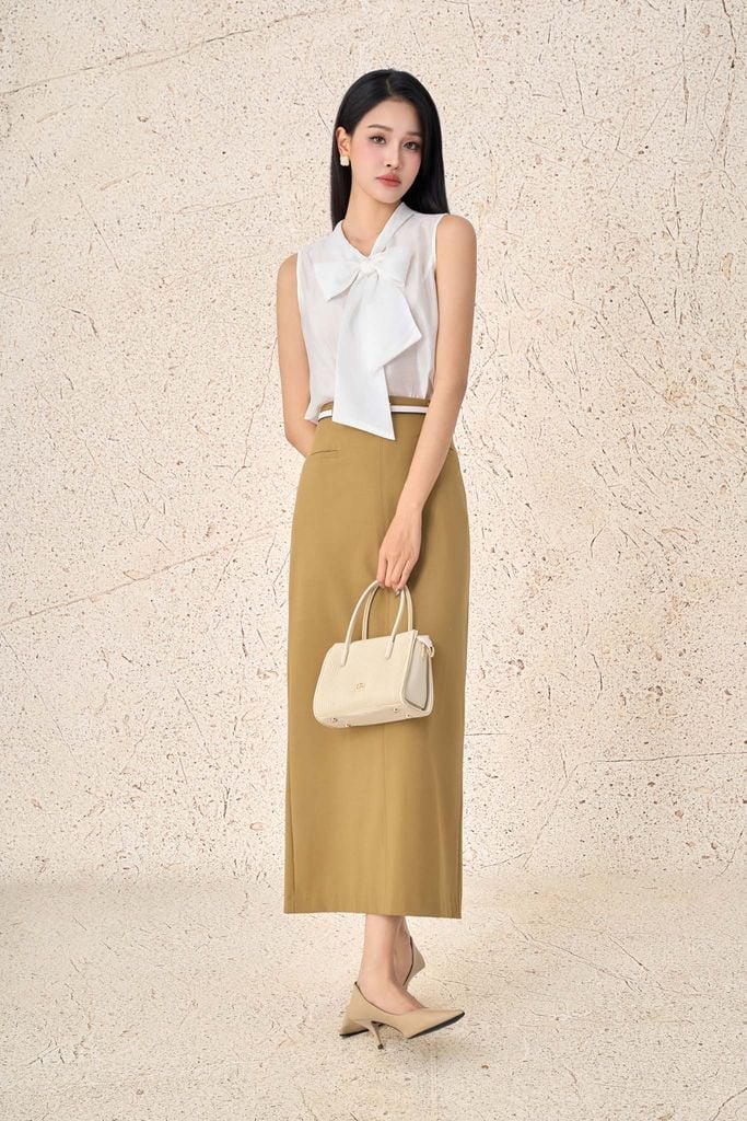 FAS54078 - Áo sơ mi công sở vải tơ dáng suông cổ kiểu phối vạt thắt nơ không tay thời trang - PANTIO