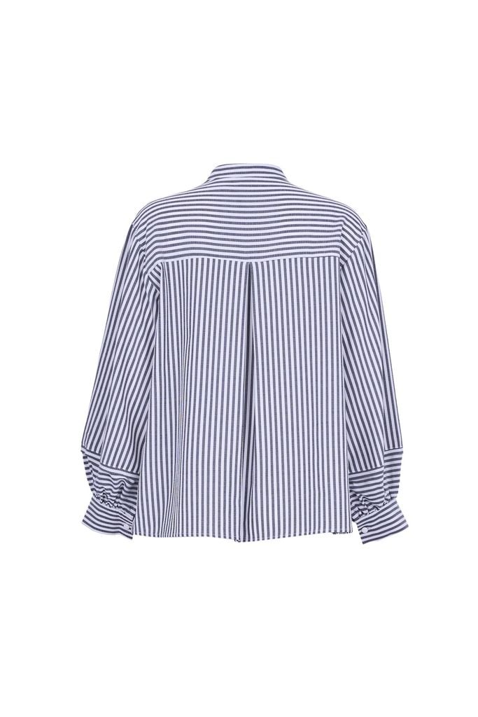 FAS54091 - Áo sơ mi công sở vải thô đũi dáng suông cổ xẻ V thắt dây nơ tay dài bồng nhẹ phối măng sec cài khuy trước - JAN.