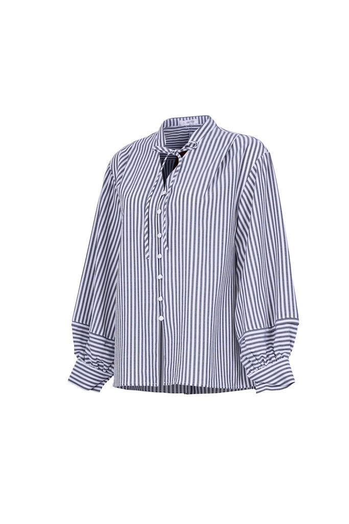 FAS54091 - Áo sơ mi công sở vải thô đũi dáng suông cổ xẻ V thắt dây nơ tay dài bồng nhẹ phối măng sec cài khuy trước - JAN.