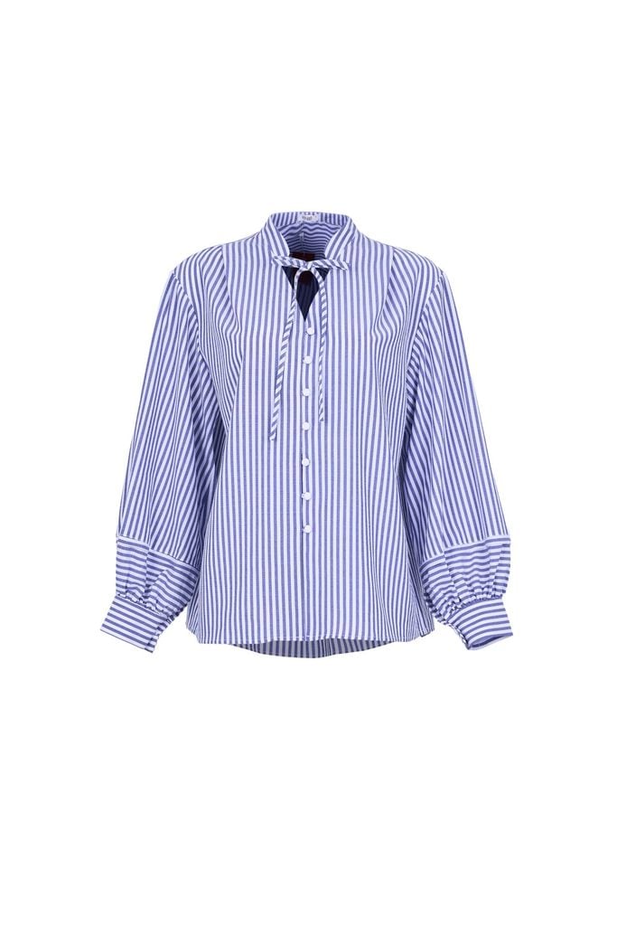 FAS54091 - Áo sơ mi công sở vải thô đũi dáng suông cổ xẻ V thắt dây nơ tay dài bồng nhẹ phối măng sec cài khuy trước - JAN.