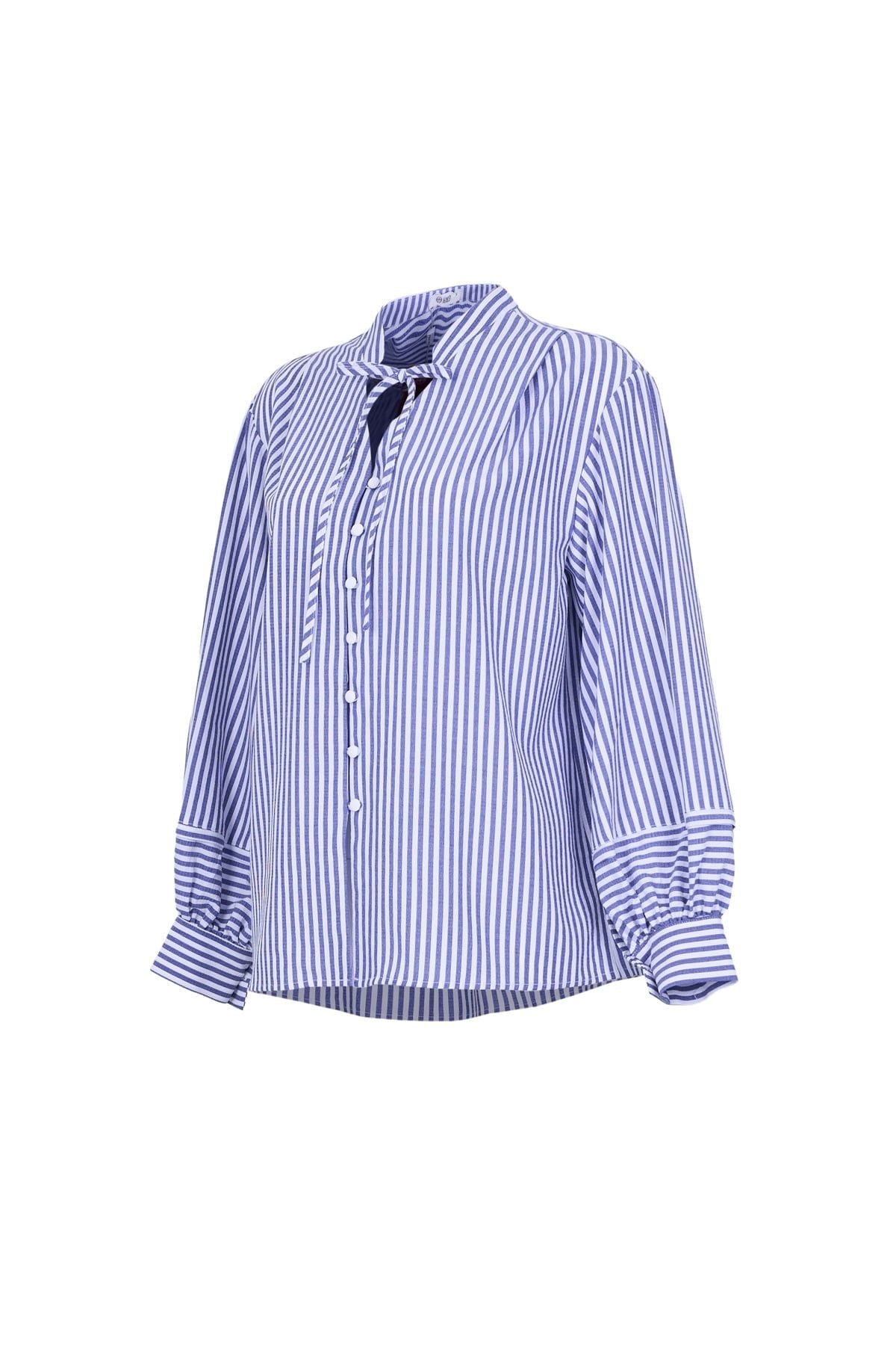 FAS54091 - Áo sơ mi công sở vải thô đũi dáng suông cổ xẻ V thắt dây nơ tay dài bồng nhẹ phối măng sec cài khuy trước - JAN.