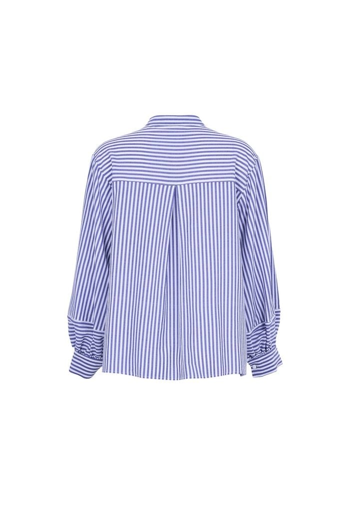 FAS54091 - Áo sơ mi công sở vải thô đũi dáng suông cổ xẻ V thắt dây nơ tay dài bồng nhẹ phối măng sec cài khuy trước - JAN.