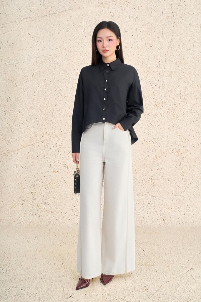 FAS54100 - Áo sơ mi công sở vải thô kate dáng suông cổ đức tay dài phối măng séc cài khuy trước - PANTIO