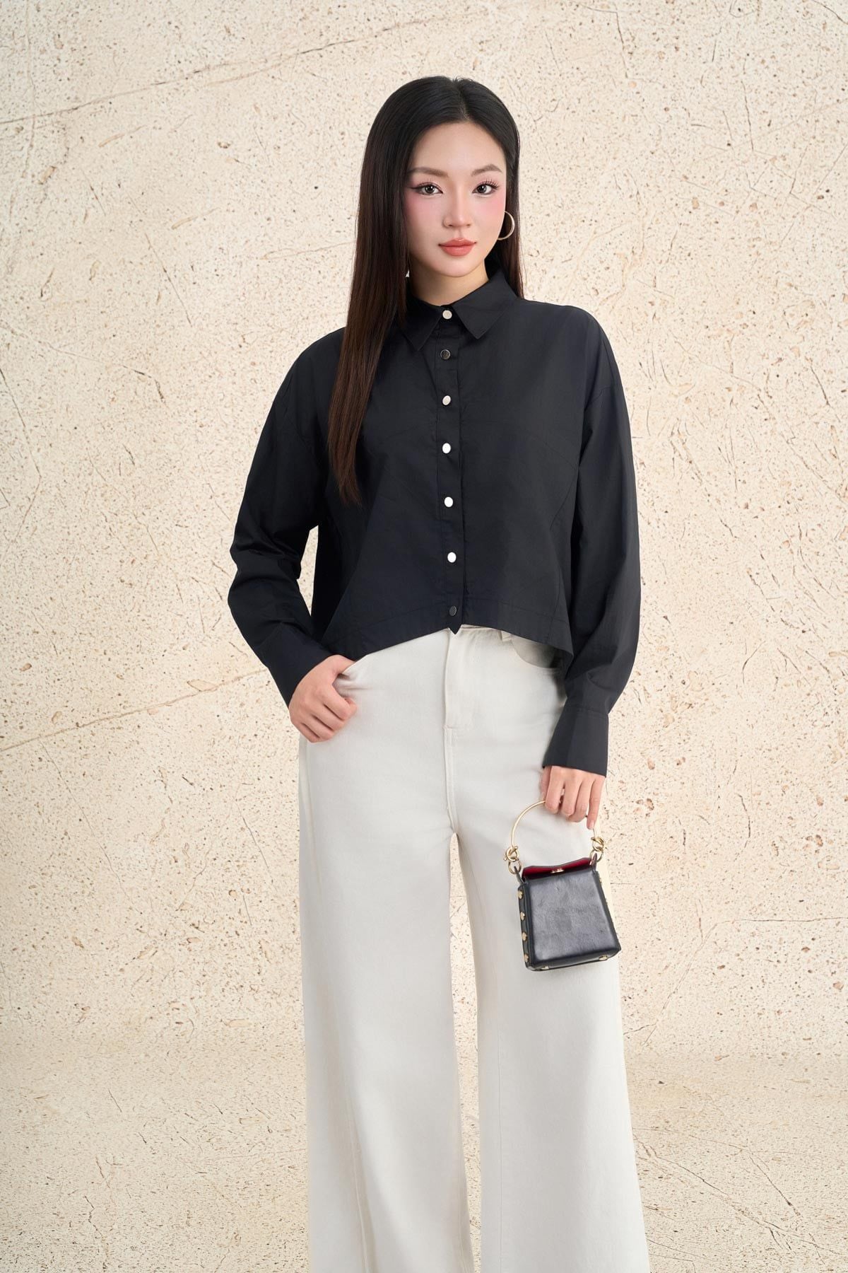 FAS54100 - Áo sơ mi công sở vải thô kate dáng suông cổ đức tay dài phối măng séc cài khuy trước - PANTIO