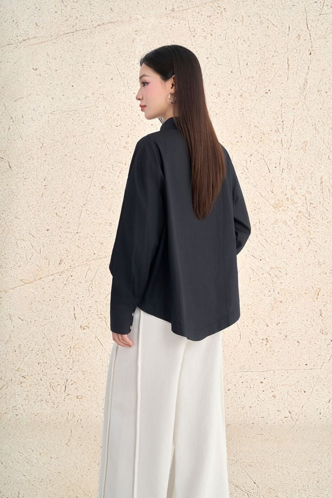 FAS54100 - Áo sơ mi công sở vải thô kate dáng suông cổ đức tay dài phối măng séc cài khuy trước - PANTIO