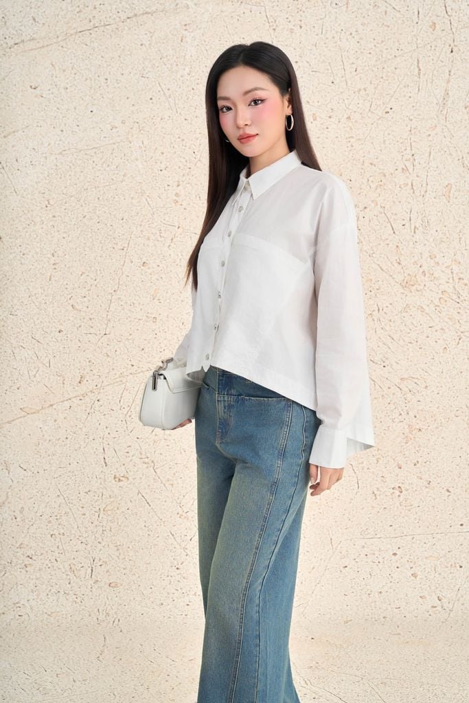 FAS54100 - Áo sơ mi công sở vải thô kate dáng suông cổ đức tay dài phối măng séc cài khuy trước - PANTIO