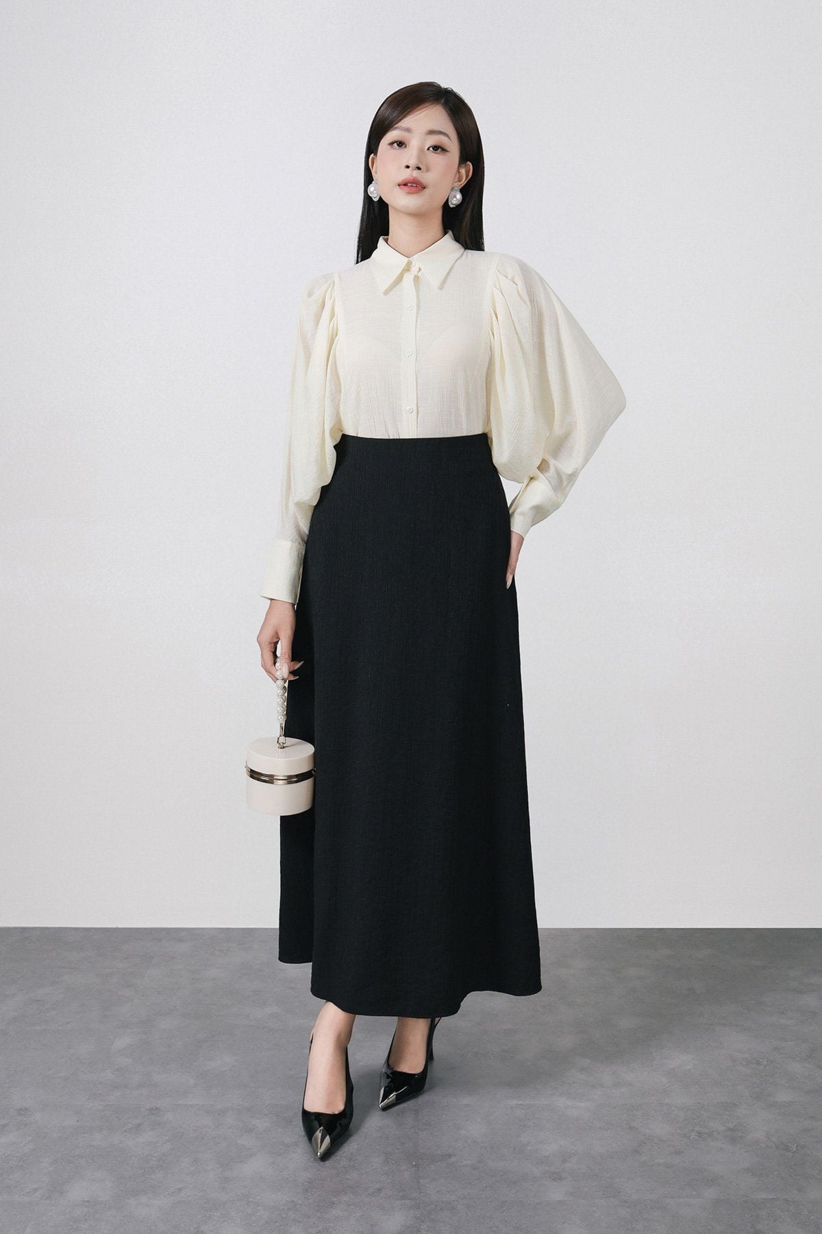 FJD71372 - Chân váy dài công sở vải tơ nhăn dáng A cạp liền thời trang khoá thân sau - PANTIO