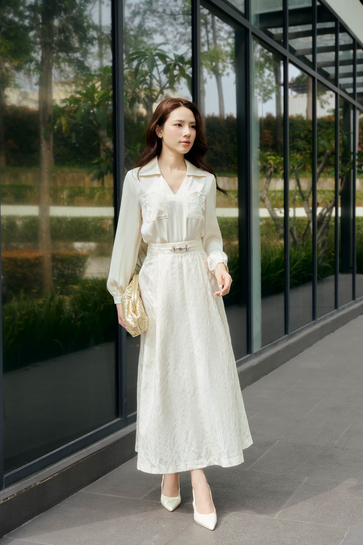 FJD51435 - Chân váy dài vải gấm dáng chữ A cạp phối kim loại tạo kiểu khóa thân sau - PANTIO