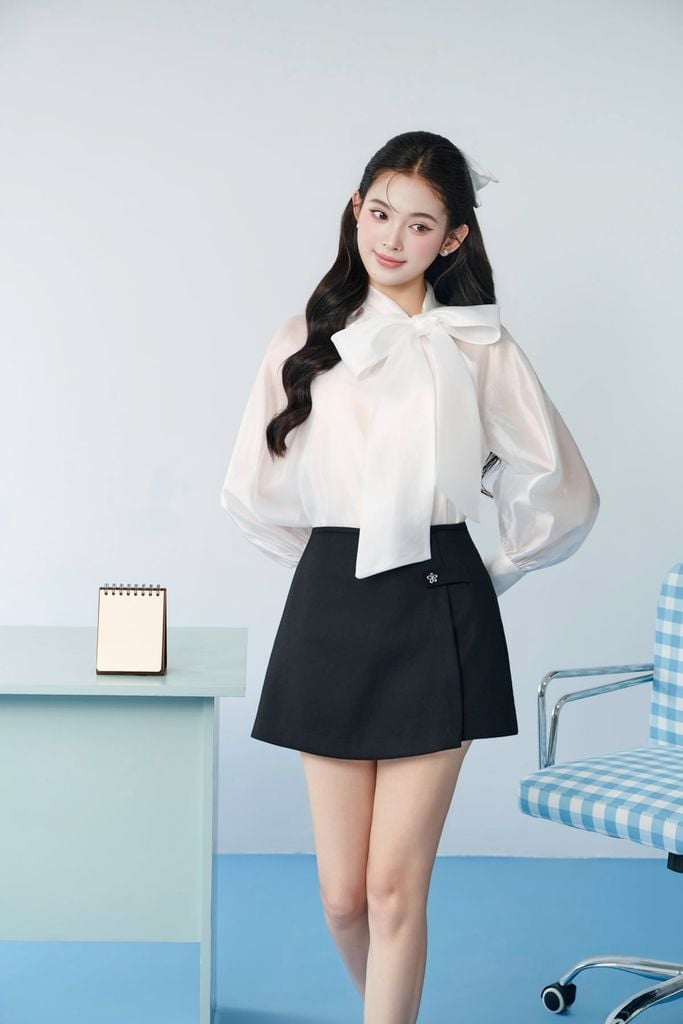 FAS54150 - tylekeo8888 công sở vải tơ dáng suông cổ kiểu thắt nơ tay dài phối măc sec thời trang - JAN.