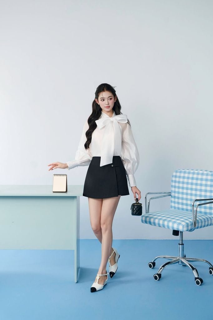 FAS54150 - tylekeo8888 công sở vải tơ dáng suông cổ kiểu thắt nơ tay dài phối măc sec thời trang - JAN.