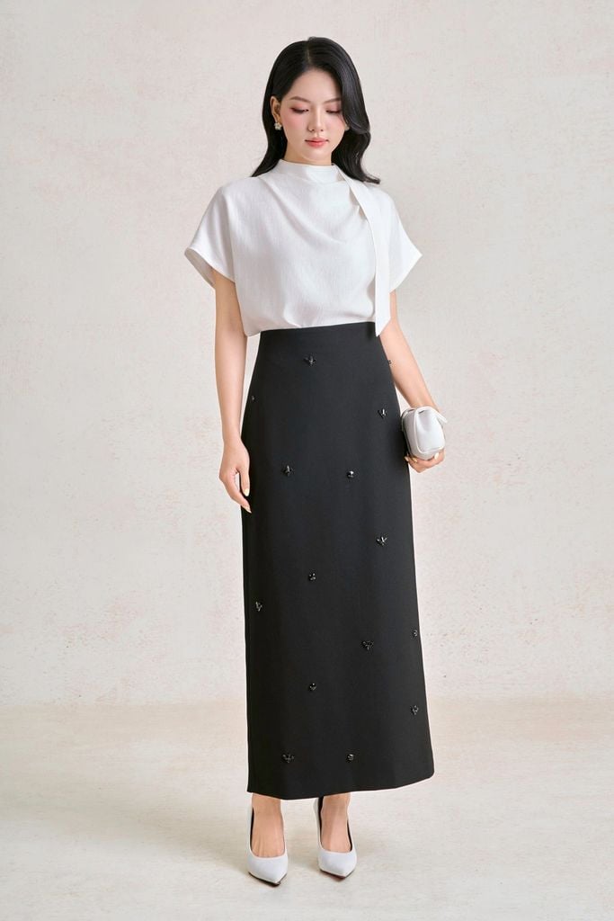 FJD91364 - Chân váy dài công sở vải thô dáng suông cạp liền thân váy đính đá cao cấp khoá thân sau - PANTIO