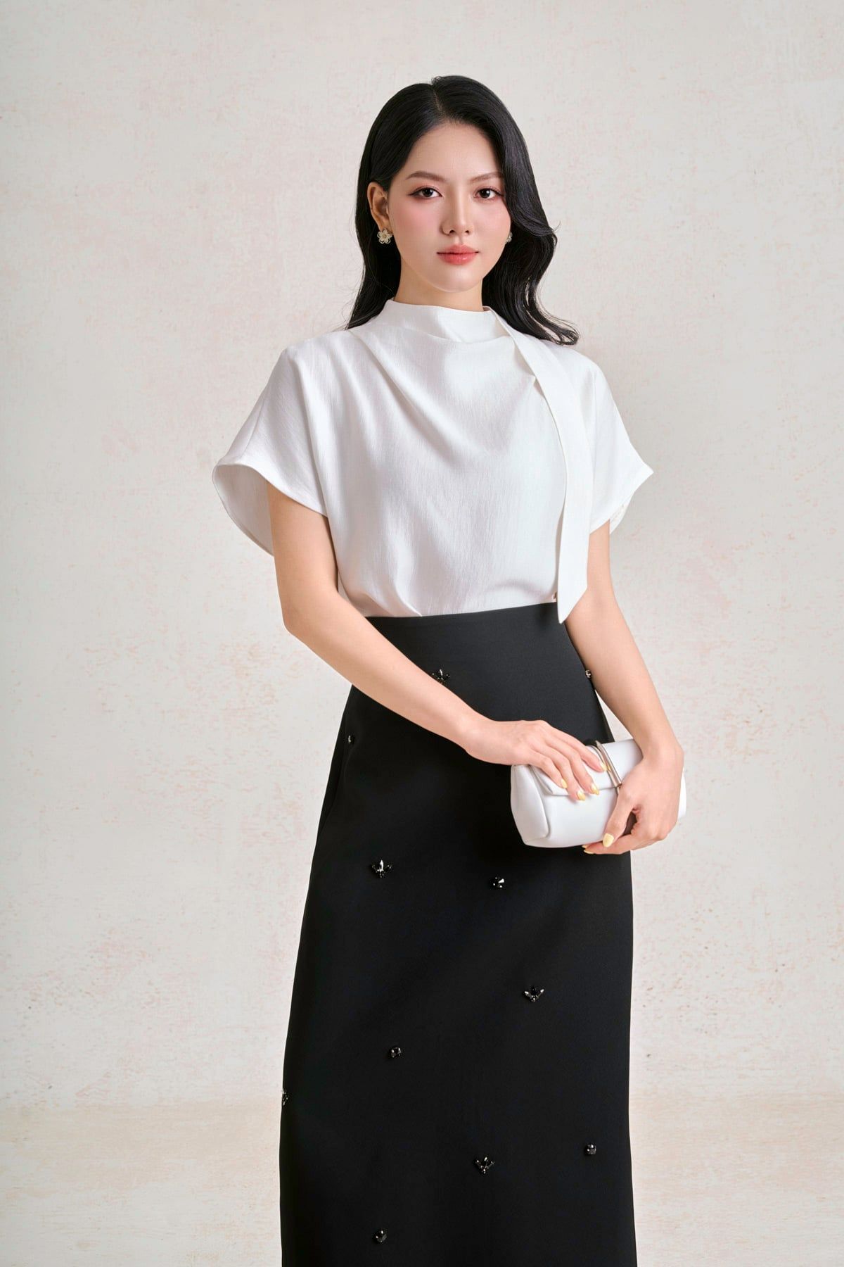 FJD91364 - Chân váy dài công sở vải thô dáng suông cạp liền thân váy đính đá cao cấp khoá thân sau - PANTIO