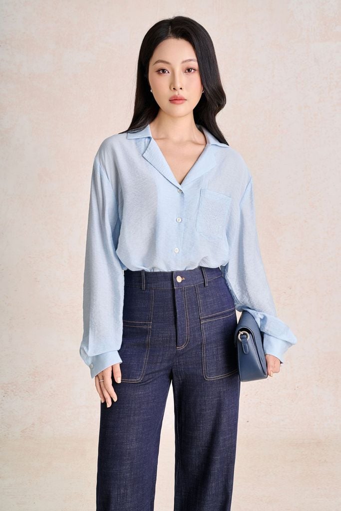 FQD51279 - Quần dài công sở vải denim dáng suông ống rộng cạp cao có túi tạo kiểu - PANTIO