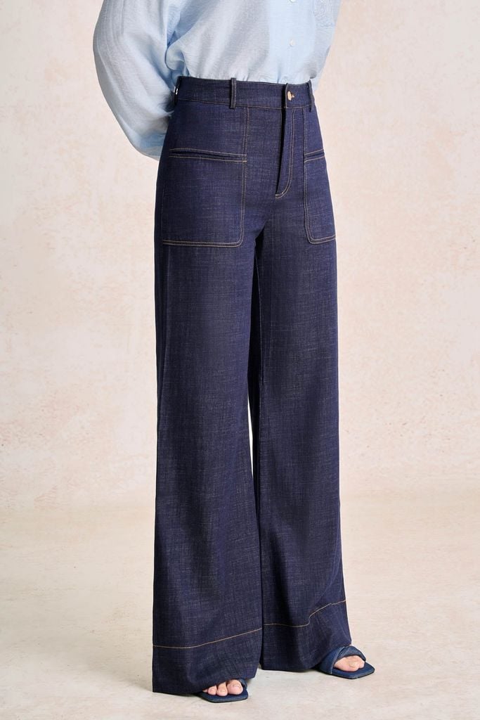 FQD51279 - Quần dài công sở vải denim dáng suông ống rộng cạp cao có túi tạo kiểu - PANTIO