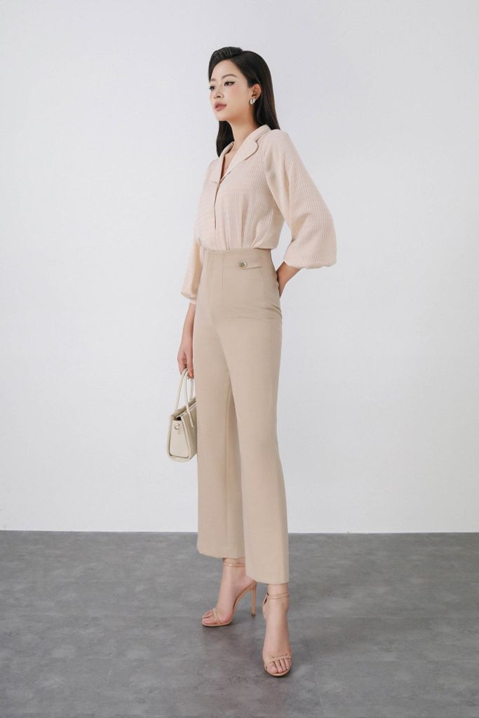 FQD51064 - Quần công sở vải thô dáng baggy cạp liền phối đai đính khuy trang trí khóa thân sau - PANTIO