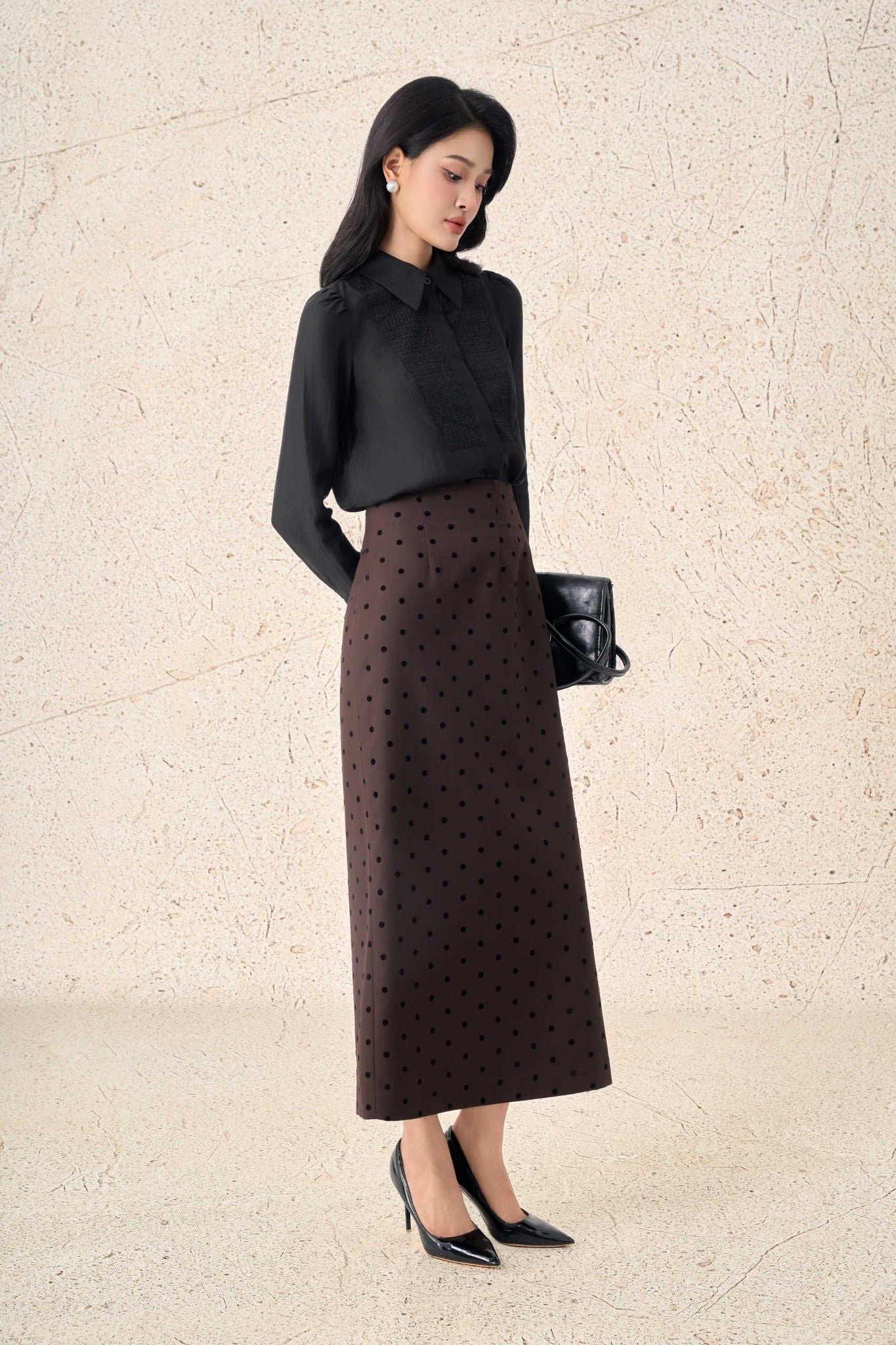 FJD91385 - Chân váy dài công sở vải thô hoạ tiết dáng suông cạp liền thời trang khoá thân sau - PANTIO