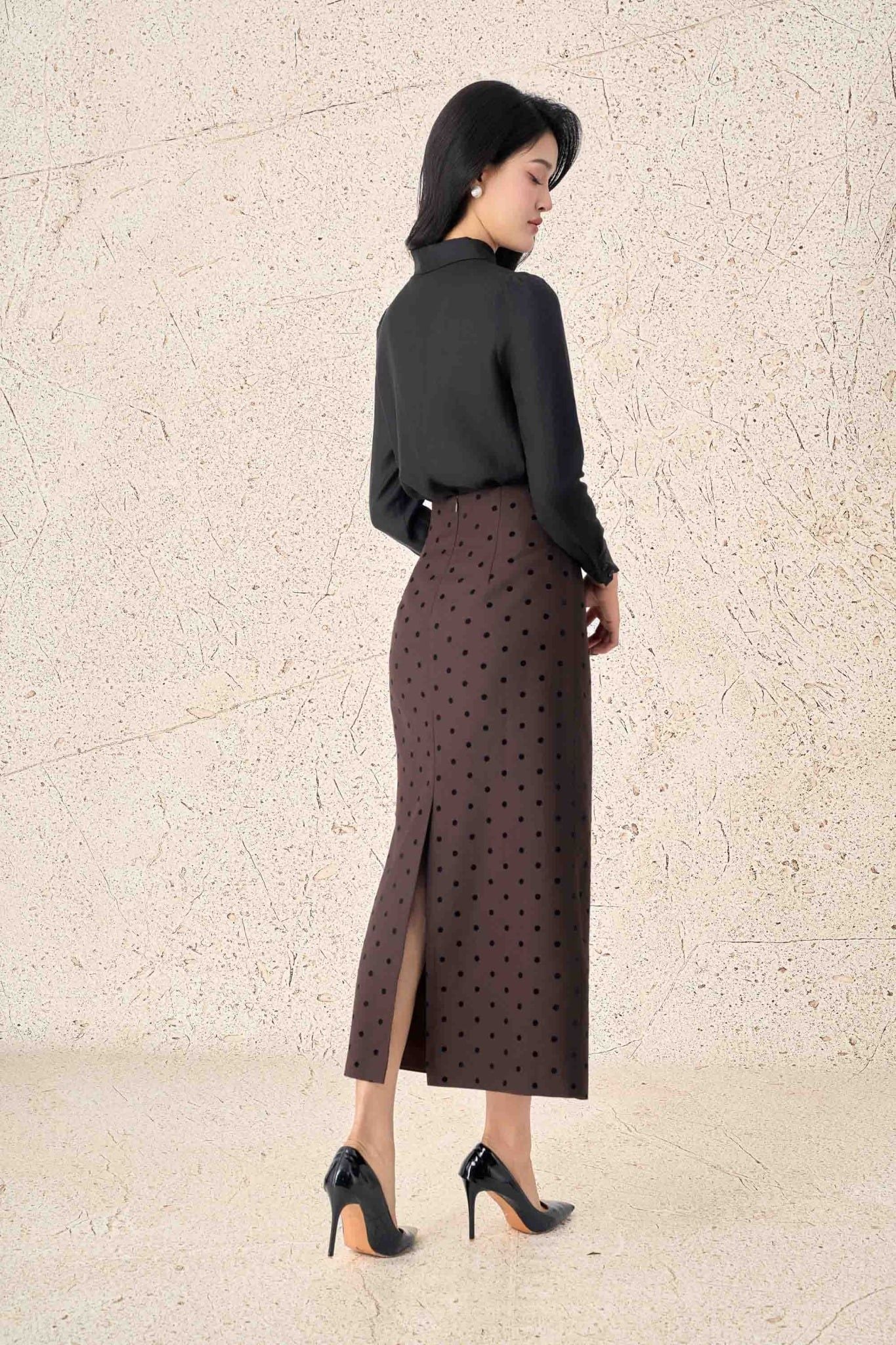 FJD91385 - Chân váy dài công sở vải thô hoạ tiết dáng suông cạp liền thời trang khoá thân sau - PANTIO