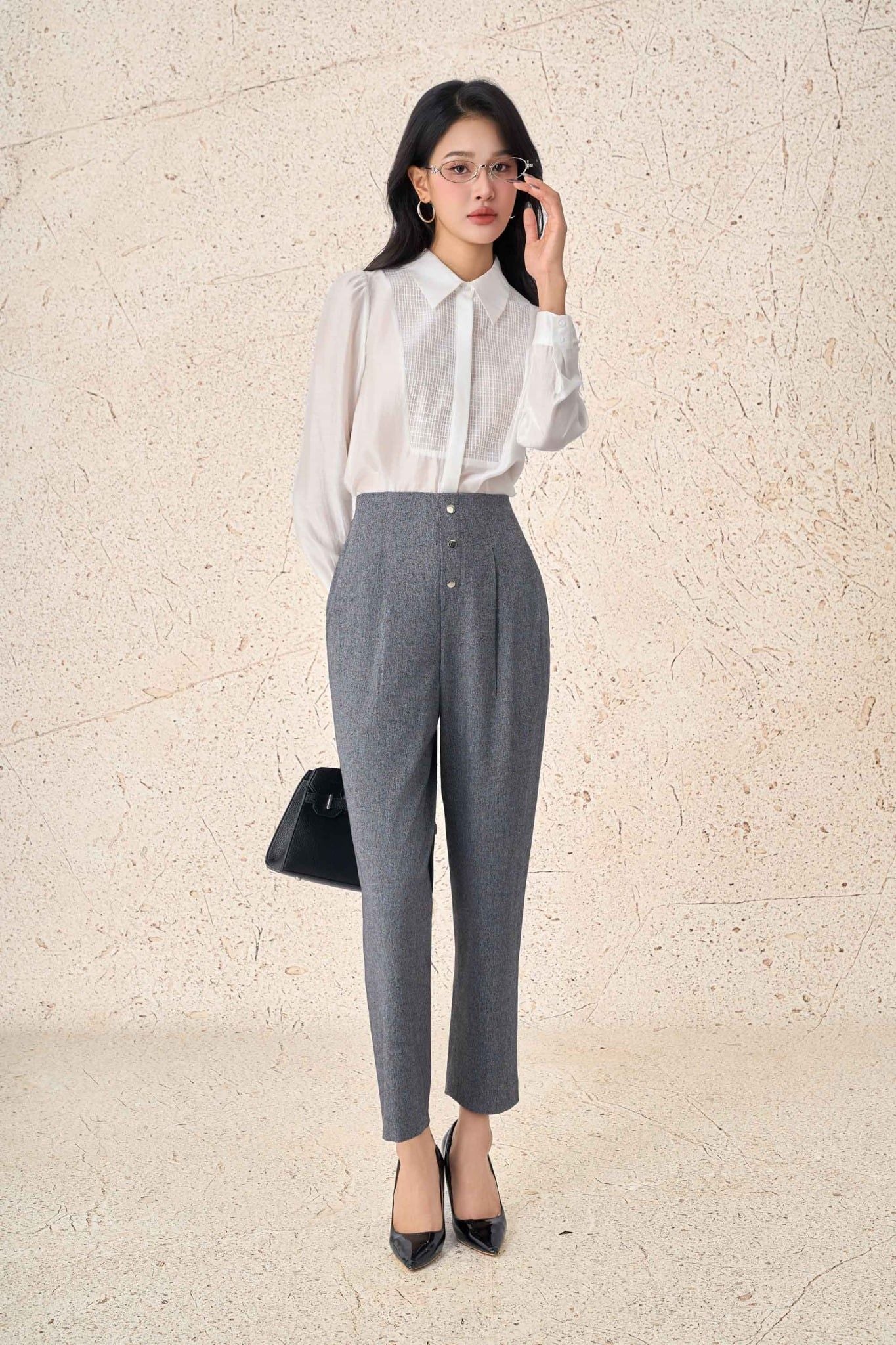 FQD71211 - Quần dài công sở vải thô dáng baggy bên hông phối ly bung tạo kiểu khoá thân trước đính khuy kim loại thời trang - PANTIO