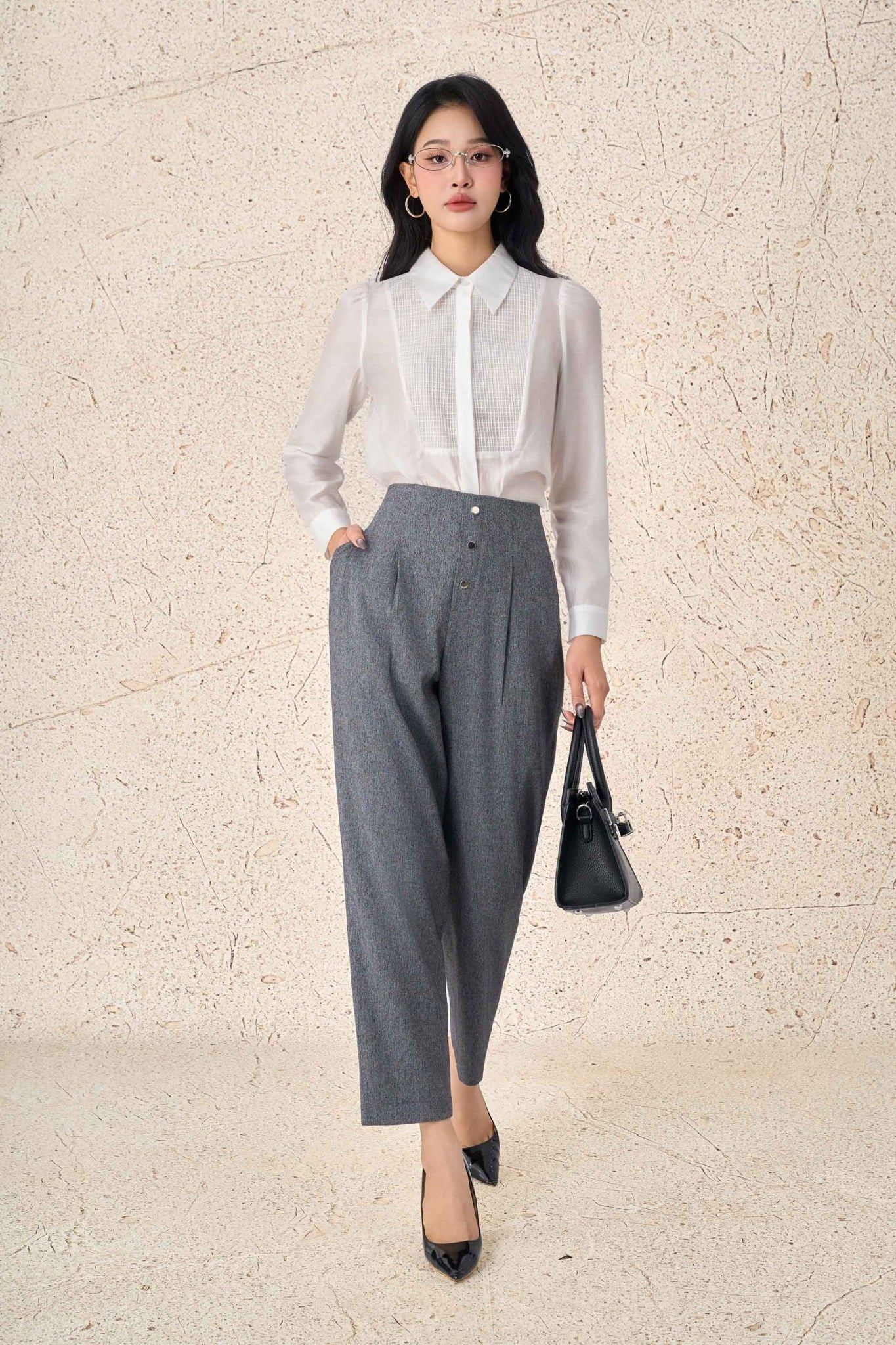 FQD71211 - Quần dài công sở vải thô dáng baggy bên hông phối ly bung tạo kiểu khoá thân trước đính khuy kim loại thời trang - PANTIO