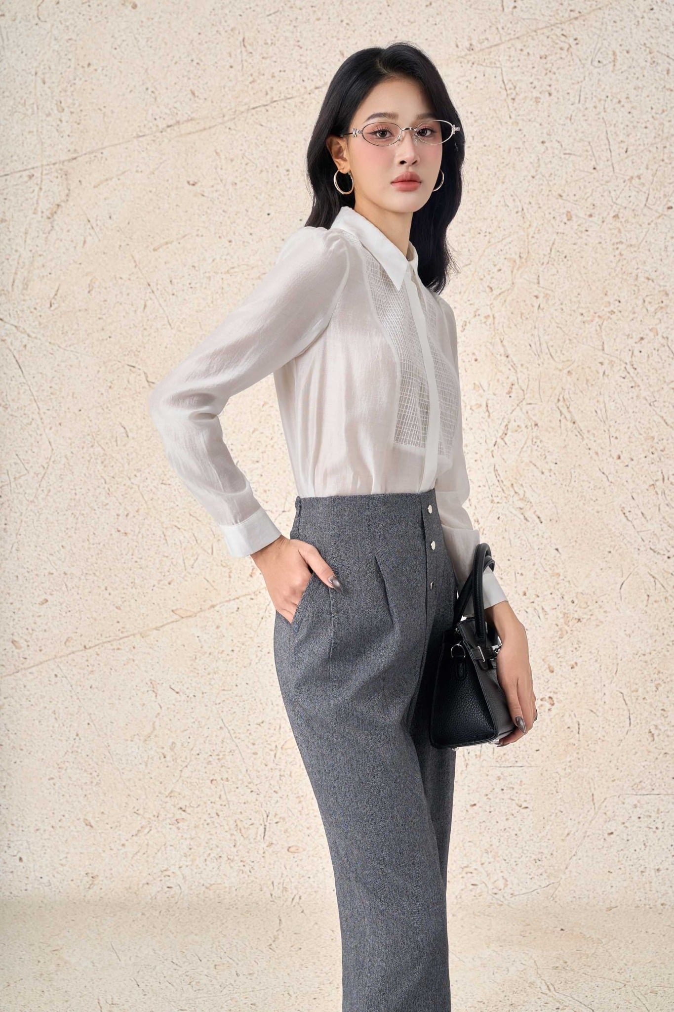 FQD71211 - Quần dài công sở vải thô dáng baggy bên hông phối ly bung tạo kiểu khoá thân trước đính khuy kim loại thời trang - PANTIO