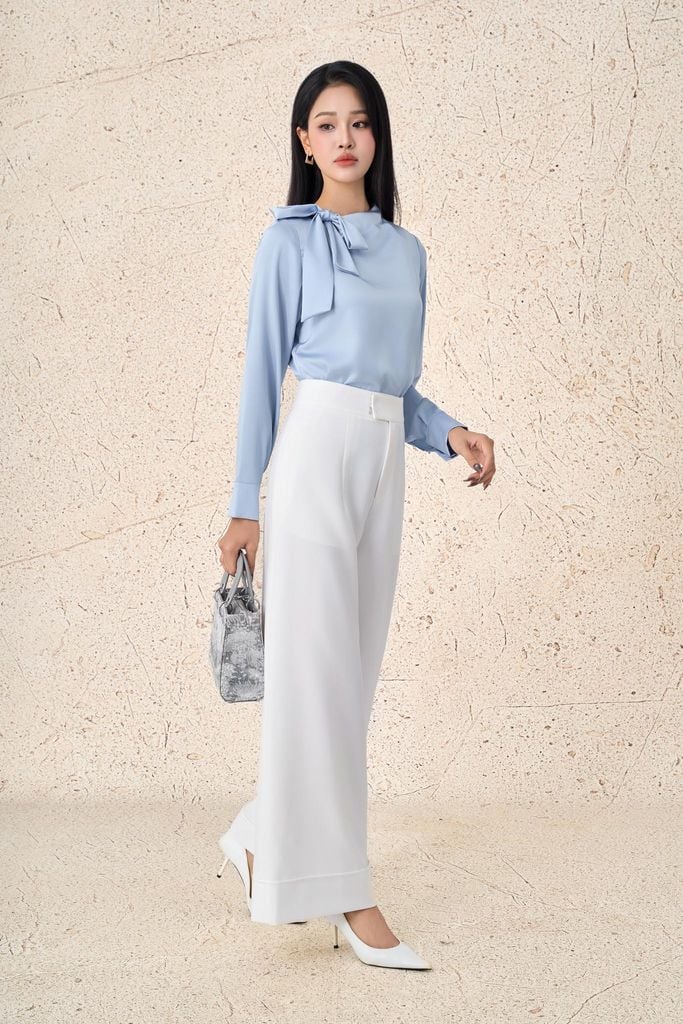 FAS73825 - Áo sơ mi công sở vải lụa satin dáng suông cổ kiểu thắt nơ tạo kiểu - PANTIO