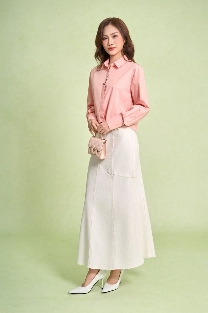 FAS74041 - Áo sơ mi công sở vải thô kate dáng suông cổ đức tay dài phối măng sec thân áo thêu hoạ tiết thời trang - PANTIO