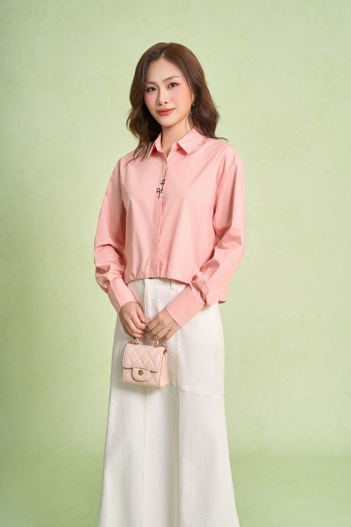 FAS74041 - Áo sơ mi công sở vải thô kate dáng suông cổ đức tay dài phối măng sec thân áo thêu hoạ tiết thời trang - PANTIO