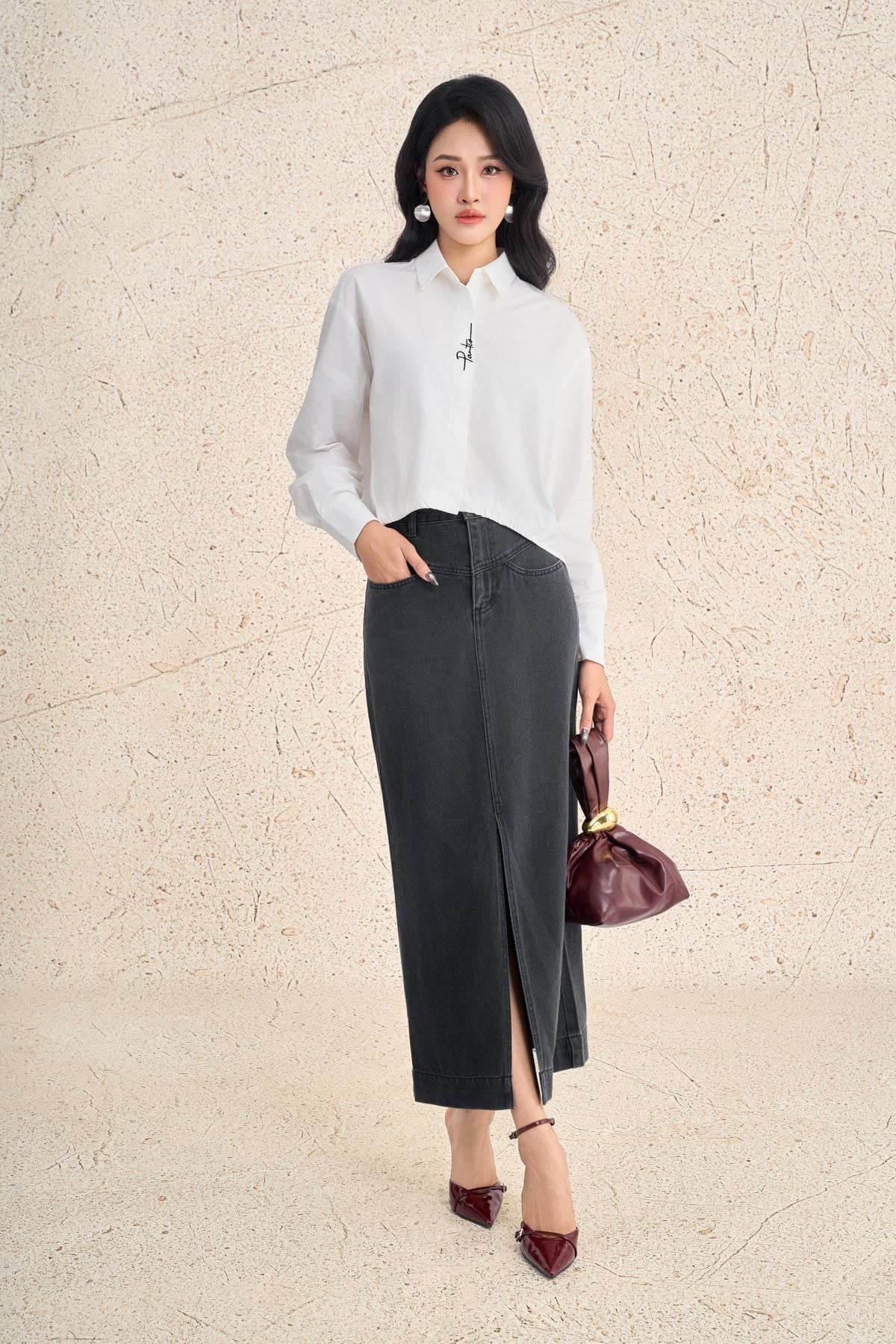 FAS74041 - Áo sơ mi công sở vải thô kate dáng suông cổ đức tay dài phối măng sec thân áo thêu hoạ tiết thời trang - PANTIO