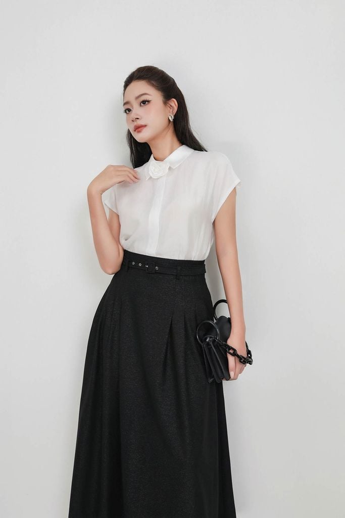 FJD51320 - Chân váy dài công sở vải demin dáng suông cạp phối dây lưng thân váy xếp ly bung tạo kiểu khoá thân sau - PANTIO