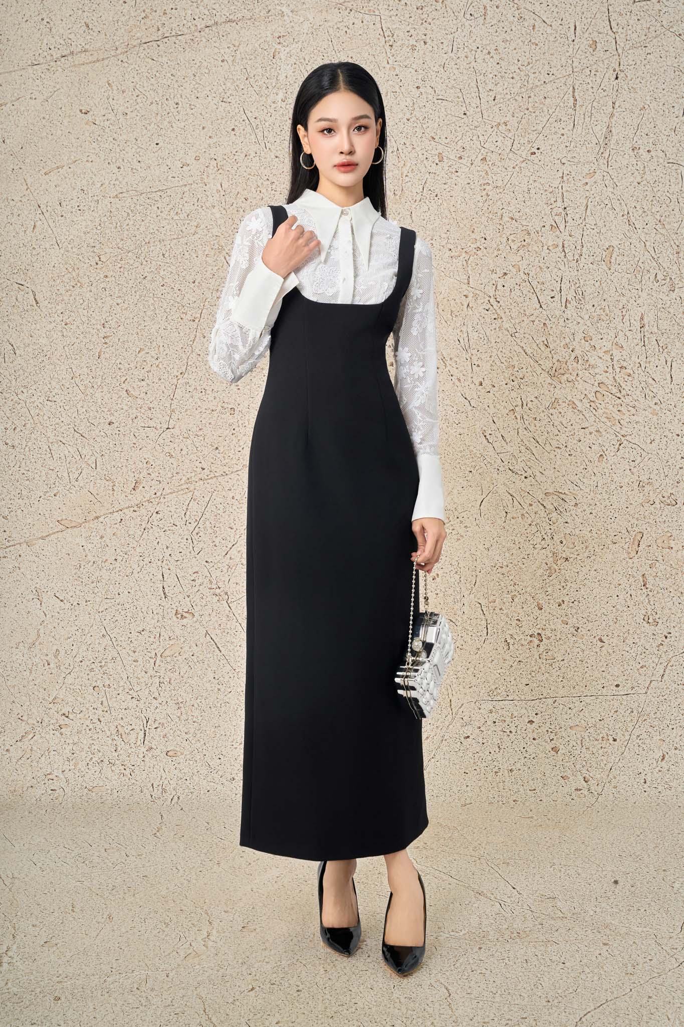 FDC75412 - Đầm công sở vải thô dày dáng ôm hai dây thời trang cổ vuông xẻ sâu thời trang khoá thân sau - PANTIO