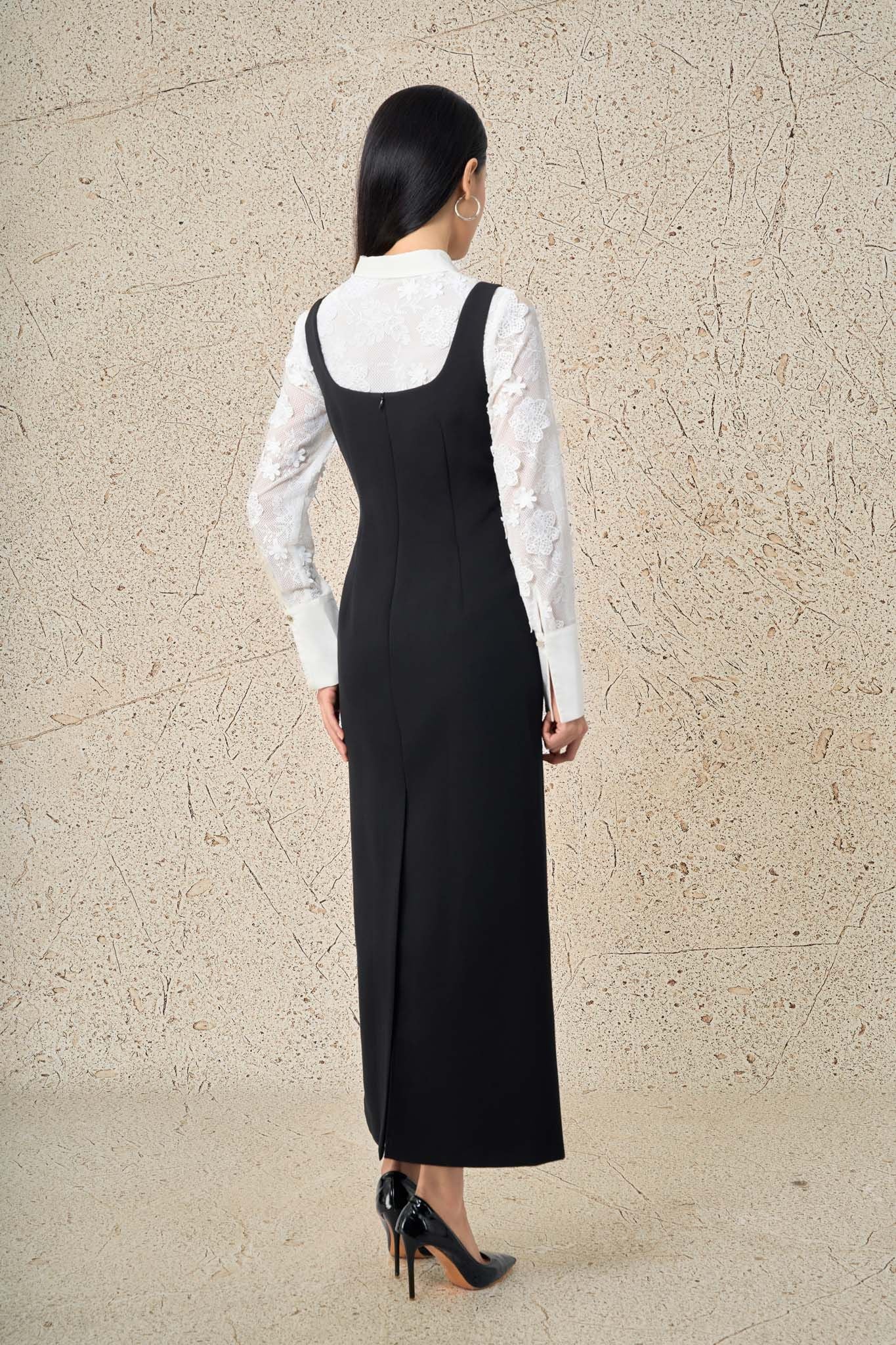 FAS74075 - Áo sơ mi công sở vải thô lụa dáng suông cổ đức vạt nhọn thân áo phối ren hoa tạo kiểu cài khuy thân trước - PANTIO