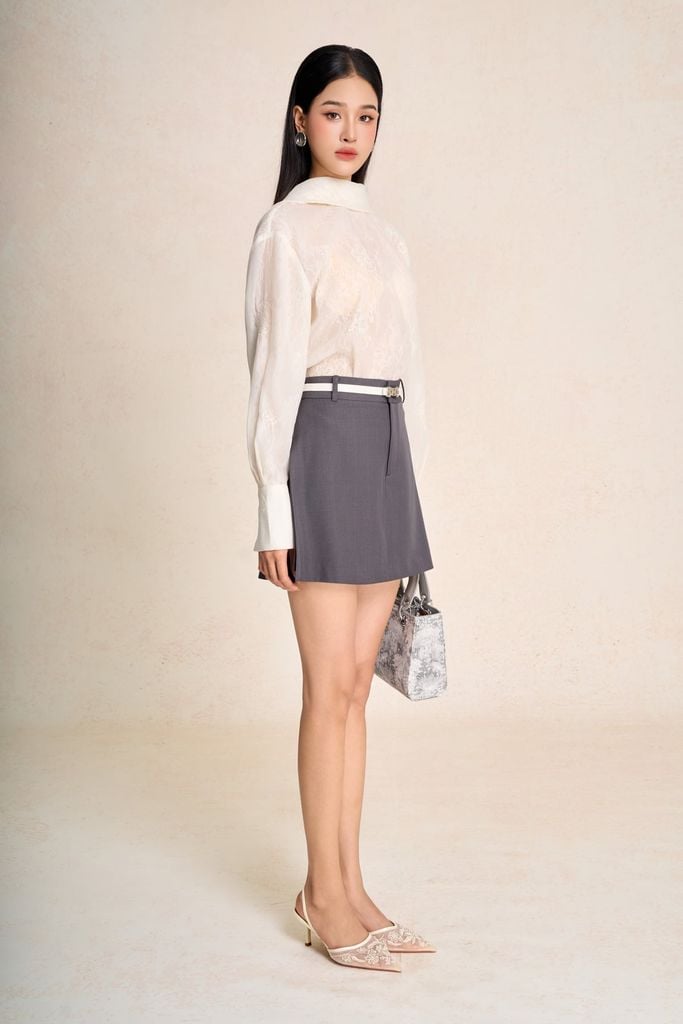 FAS74084 - Áo sơ mi công sở vải tơ hai lớp phối ren lưới dáng suông cổ vạt cách điệu tay bồng tạo kiểu - PANTIO