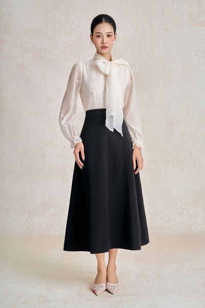 FAS74085 - tylekeo8888 kiểu công sở vải tơ đính đá dáng suông cổ phối vạt thắt nơ tạo kiểu - tỷ lệ kèo 8899