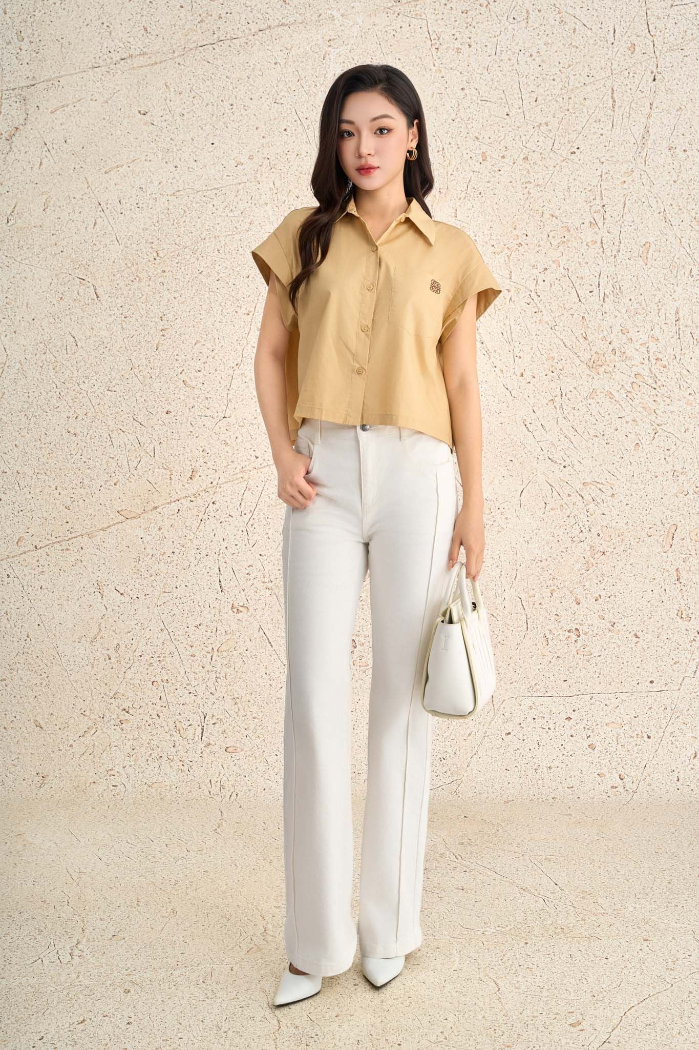 FAS74086 - Áo sơ mi công sở vải thô mỏng dáng ngắn cổ bẻ tay chờm cài khuy trước - PANTIO