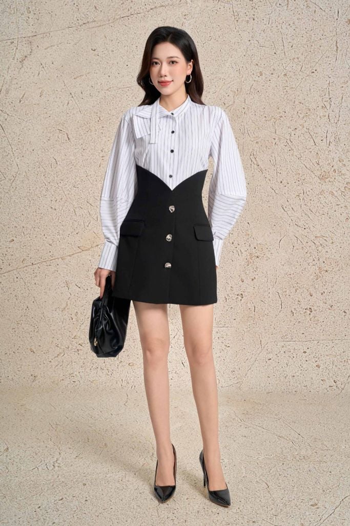 BJN53529 - Chân váy ngắn công sở vải thô dày dáng chữ A cạp cao cut tạo kiểu thân váy đính khuy đá thời trang - PANTIO