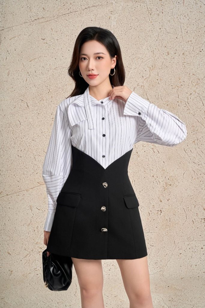 BJN53529 - Chân váy ngắn công sở vải thô dày dáng chữ A cạp cao cut tạo kiểu thân váy đính khuy đá thời trang - PANTIO