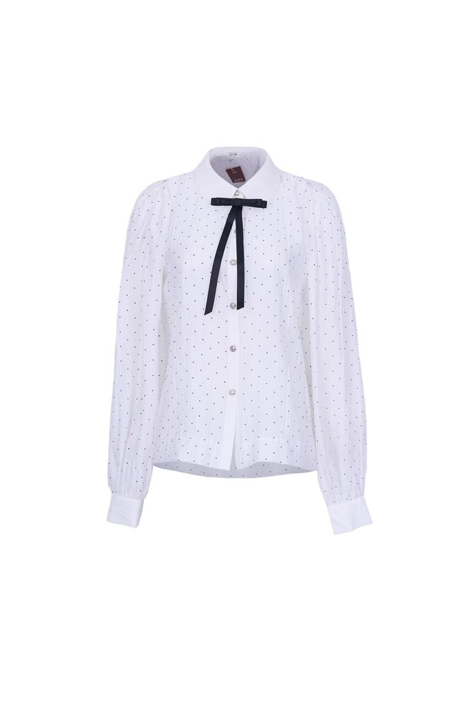 FAS74098 - Áo sơ mi công sở vải tơ dáng suông cổ bẻ đính nơ tạo kiểu tay dài phối măng sec - JAN.