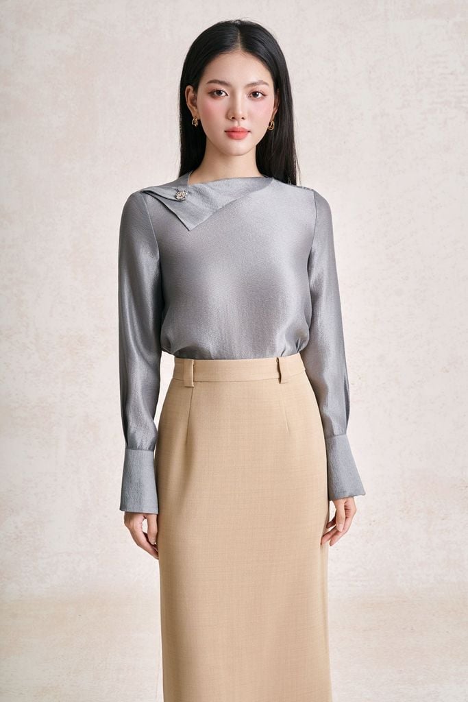 FAS74099 - tylekeo8888 công sở vải tơ dáng suông cổ kiểu phối vạt đính phụ kiện kim loại tay dài thời trang - tỷ lệ kèo 8899