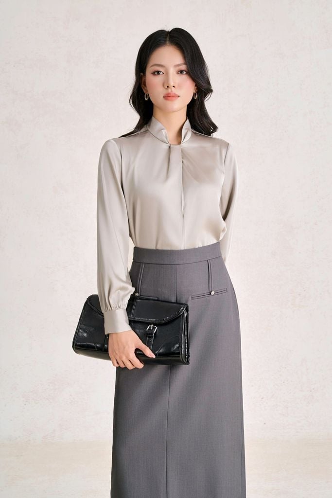 FJD51448 - Chân váy dài công sở vải thô đũi dáng suông cạp cao thân váy đính túi ốp tạo kiểu khoá thân sau - PANTIO