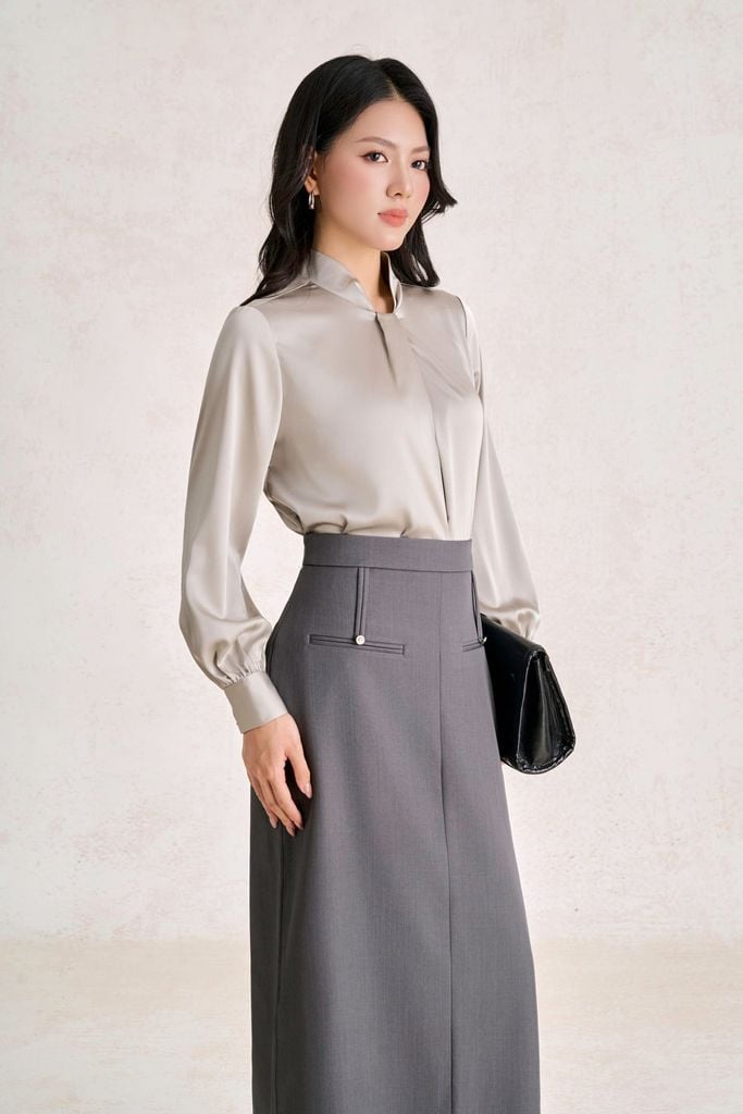 FJD51448 - Chân váy dài công sở vải thô đũi dáng suông cạp cao thân váy đính túi ốp tạo kiểu khoá thân sau - PANTIO