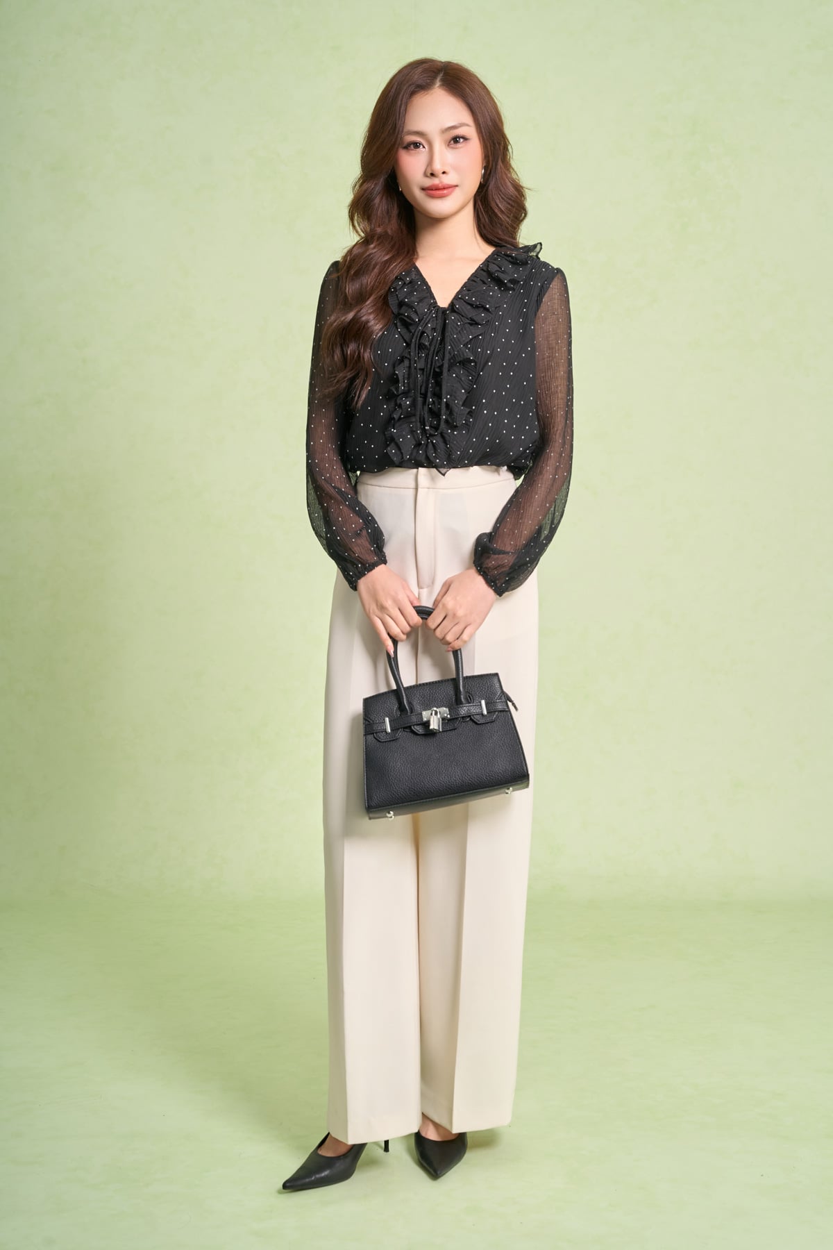 FAS94094 - Áo sơ mi công sở vải tơ nhăn dáng suông cổ xẻ phối viền bèo tay bồng tạo kiểu - PANTIO