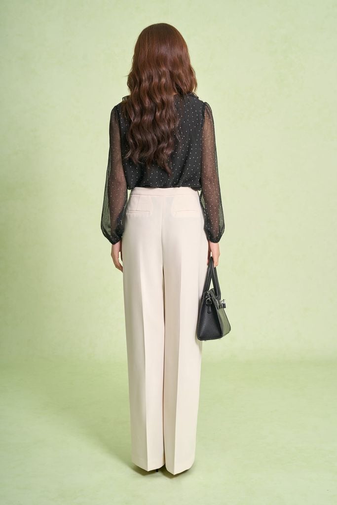 FAS94094 - Áo sơ mi công sở vải tơ nhăn dáng suông cổ xẻ phối viền bèo tay bồng tạo kiểu - PANTIO