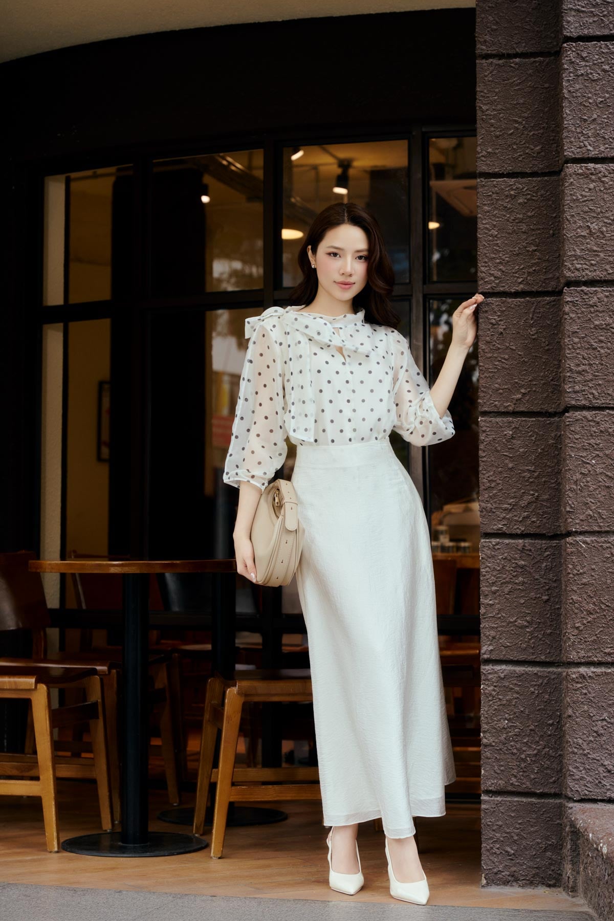 FAS94095 - Áo sơ mi công sở vải voan dáng suông cổ tròn phối vạt thắt nơ tay bồng bo chun tạo kiểu - PANTIO