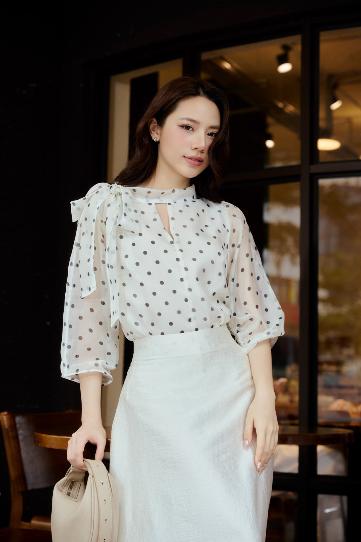 FAS94095 - Áo sơ mi công sở vải voan dáng suông cổ tròn phối vạt thắt nơ tay bồng bo chun tạo kiểu - PANTIO