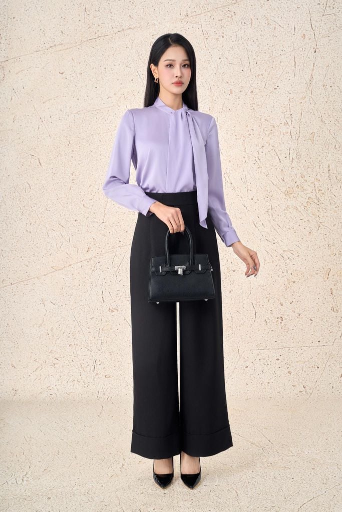 FAS94096 - Áo sơ mi công sở vải lụa satin dáng suông cổ tròn thắt vạt tạo kiểu tay dài phối măng séc - PANTIO