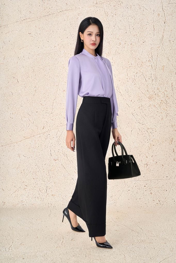 FAS94096 - Áo sơ mi công sở vải lụa satin dáng suông cổ tròn thắt vạt tạo kiểu tay dài phối măng séc - PANTIO