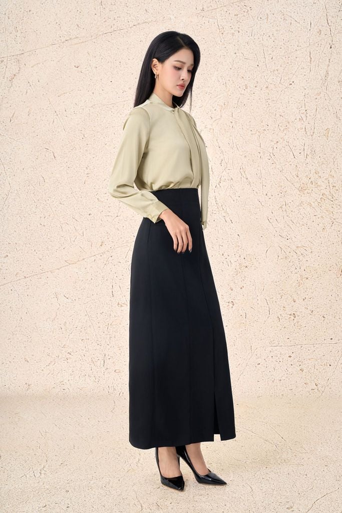 FJD31332 - Chân váy dài công sở vải thô dáng suông eo váy đính khuy đá tạo kiểu khóa thân sau - PANTIO
